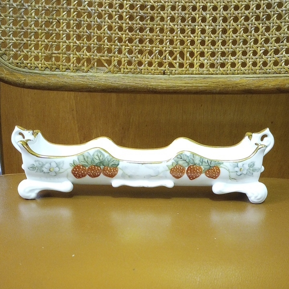 Vintage Ceramic Strawberry Asparagus Dish.  White Red Green Gold